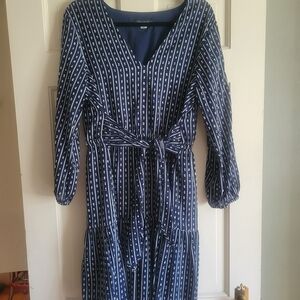 Tommy Hilfiger Blue and White Pleated Tie Front Dress